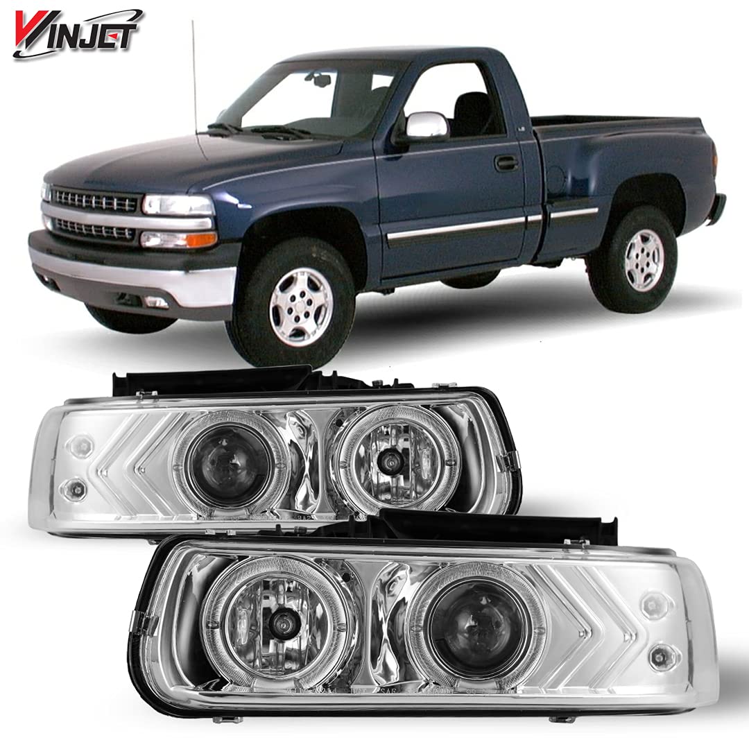 Winjet LED DRL Halo Projector Headlights Compatible with [1999-2002 Silverado] [2000 2001 2002 2003 2004 2005 2006 Suburban/Tahoe]