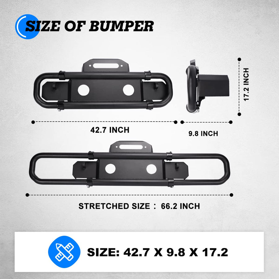 Front Bumper WolfX Fit For 2007-2018 Jeep Wrangler JK/JKU Retractable Front Bumper For 2018-2026 Jeep Wrangler JL/JLU, Steel Bumper For 2019-2026 Gladiator JT w/ 2 x D-Ring Shackles