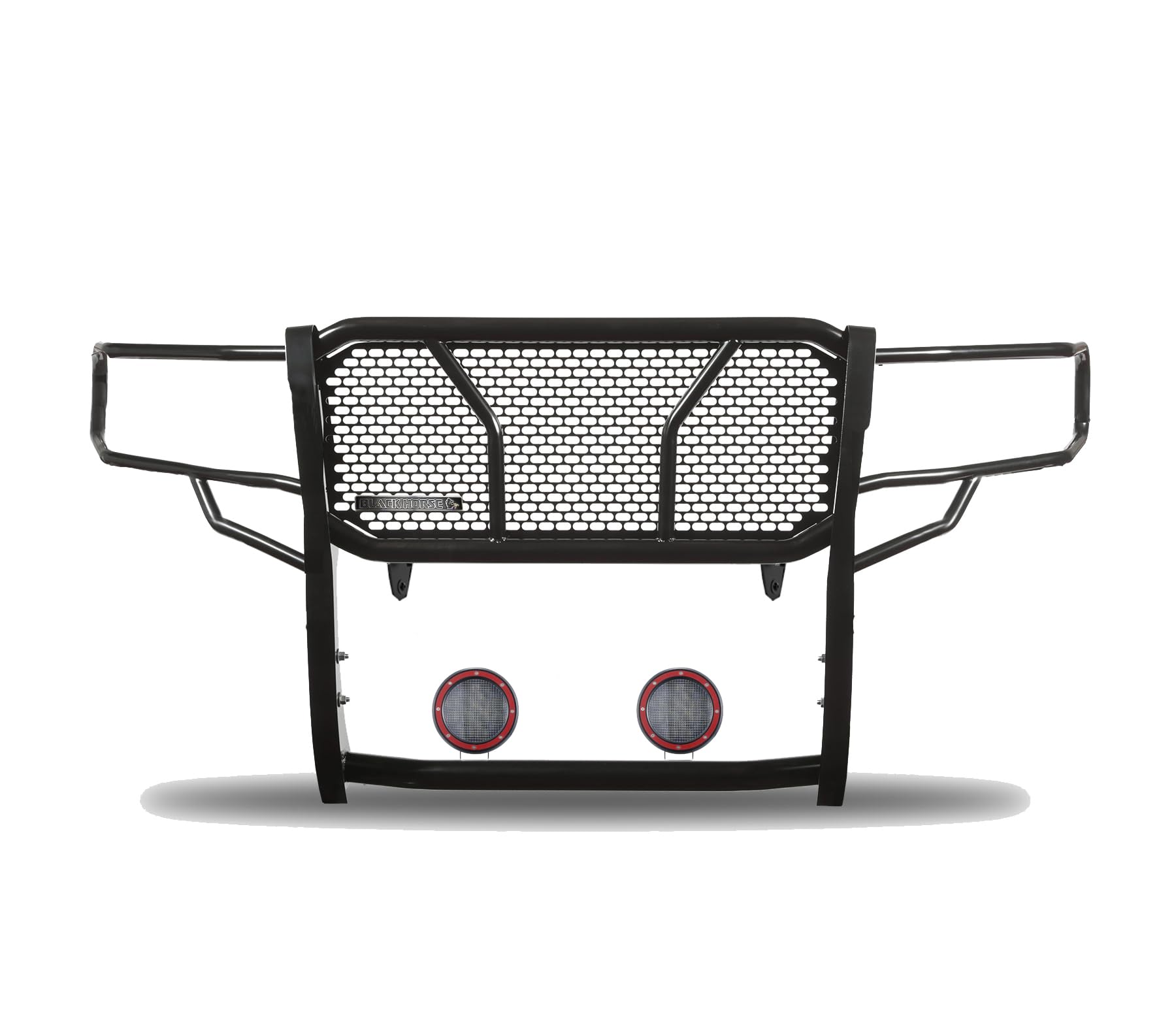 Heavy Duty Black Horse Rugged Grille Brush Bumper Guard Modular Black Come with Pair of 5.3" Dia.LED Lights with Red Trim Rings Compatible with 2007-2020 Tundra|2008-2022 Sequoia-RU-TOTU07-B-PLFR