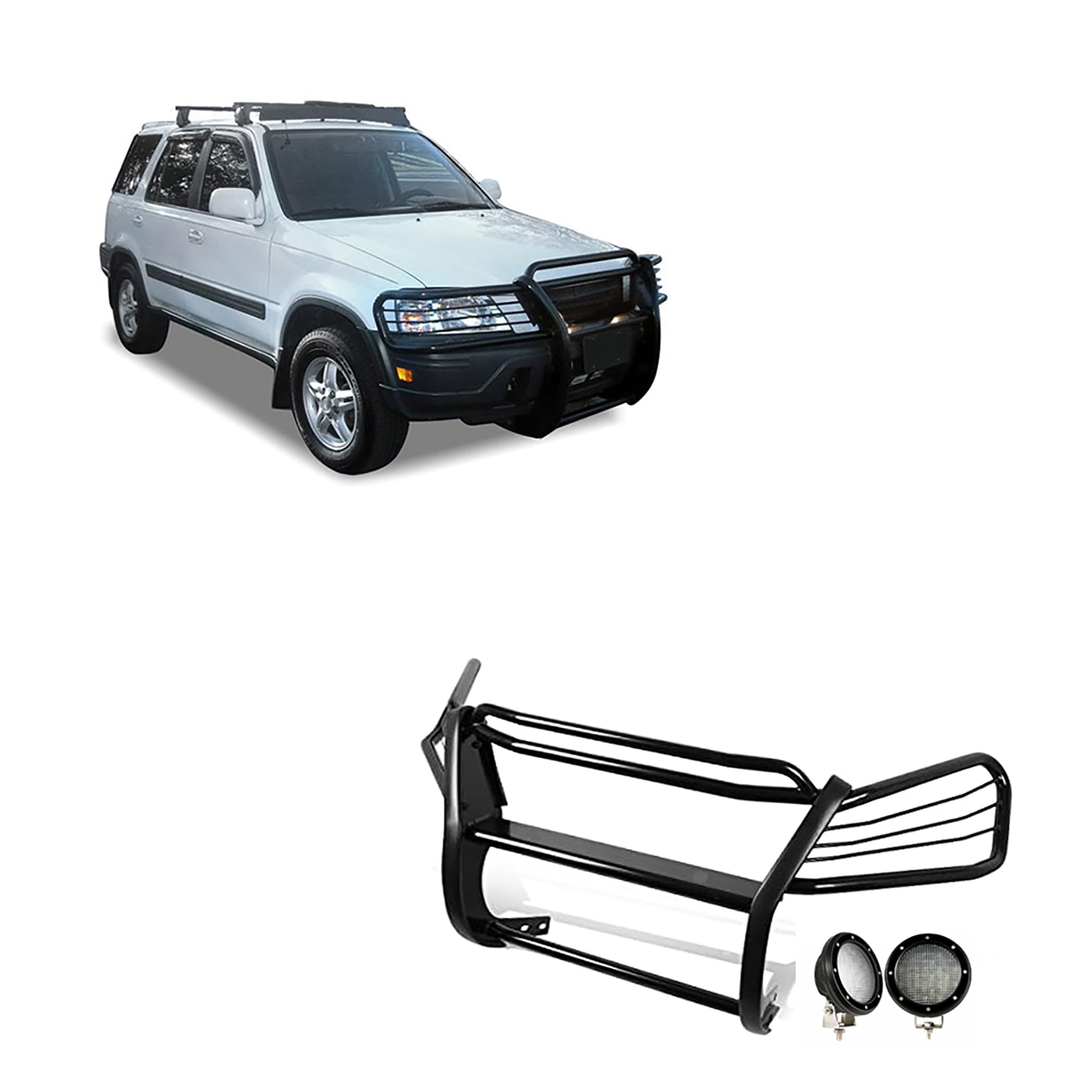 Bumper Guard Modular Black Horse Grille brush Come with Pair of 5.3" Dia.LED Lights with Black Trim Rings Compatible with 1997-2001 Honda CR-V-PG24001MA-PLFB