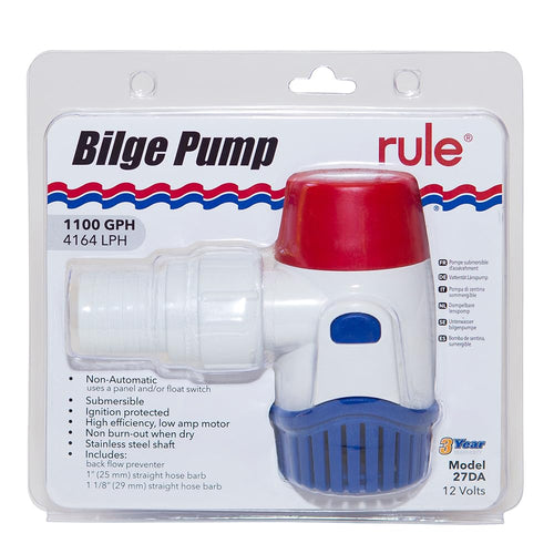 Standard Rule Bilge Pump 27DA - Not Automatic, Submersible, Marine Bilge Pump for Boats with Thermal Cut-Off, Check Valve, Low Amperage, 3/4" Threaded Ports, Ideal Boat Accessories - 1100 GPH, 12V