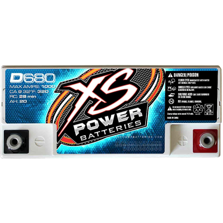 1000 Amp AGM Battery XS Power D680 with M6 Terminal Hardware - 12 Volt 20Ah 370CA Deep Cycle AGM Powercell for Car Audio Systems and Performance Cars