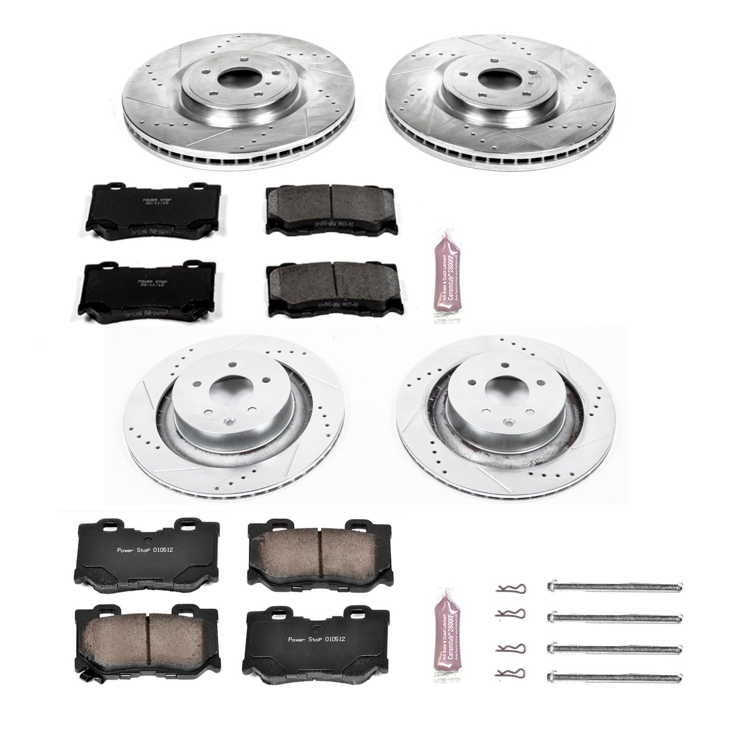 Power Stop K4138 Z23 Carbon Fiber Brake Pads Front and Rear with Drilled & Slotted Brake Rotors Kit For INFINITI G37, INFINITI Q60, Nissan 3, Nissan 370Z, Niss [Model Specific]