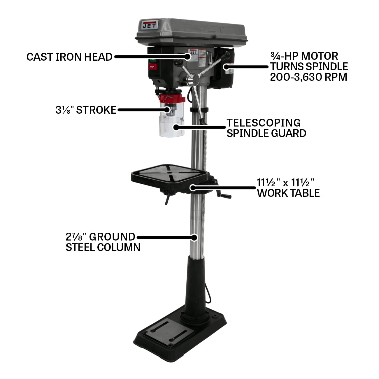 15-Inch JET Floor Drill Press, 16 Speed, 3/4 HP, 115/230V 1Ph (Model J-2500)