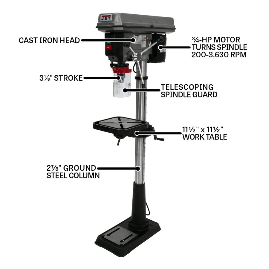 15-Inch JET Floor Drill Press, 16 Speed, 3/4 HP, 115/230V 1Ph (Model J-2500)