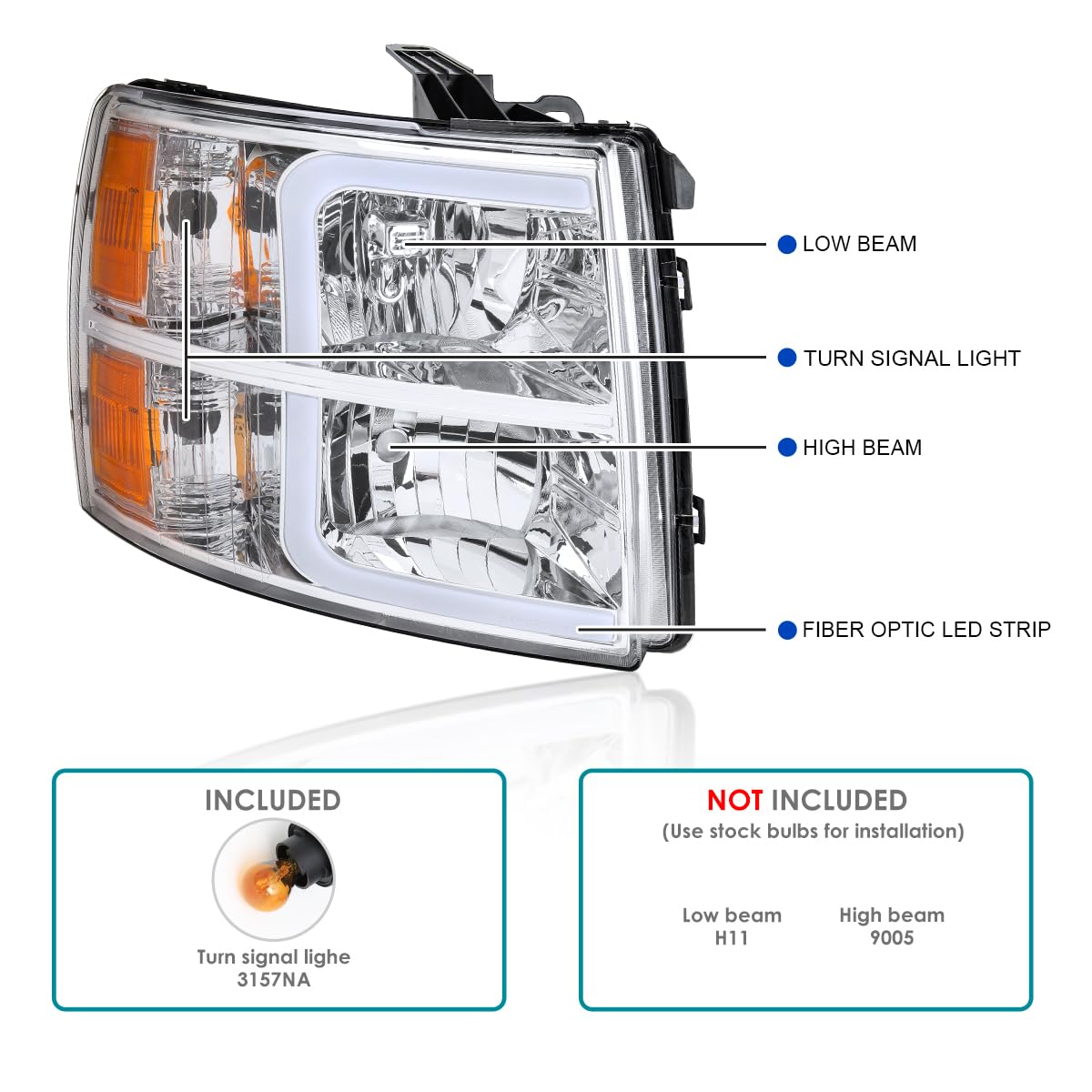 Chrome Headlights SPEC-D TUNING w/LED Light Bar Compatible with 2007-2013 Chevy Silverado 1500, 2007-2014 Silverado 2500HD 3500HD, Left + Right Pair Headlamp Assembly