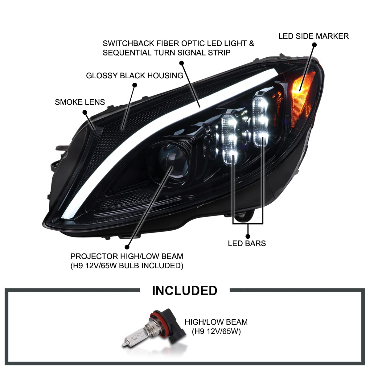 Glossy Black Smoke SPEC-D TUNING Projector Headlights w/Switchback LED Strips and Sequential Turn Signal Compatible with 2015-2018 Mercedes-Benz C-Class W205