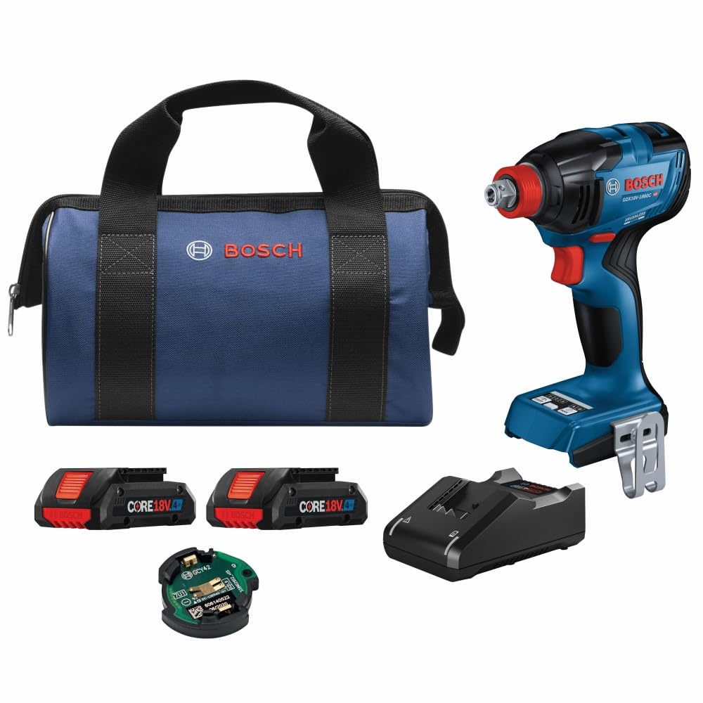 Bosch GDX18V-1860CB25 18V Two-In-One Connected-Ready 1/4 In. and 1/2 In. Bit/Socket Impact Driver/Wrench Kit with (2) CORE18V® 4 Ah Advanced Power Batteries and (1) Connectivity Module