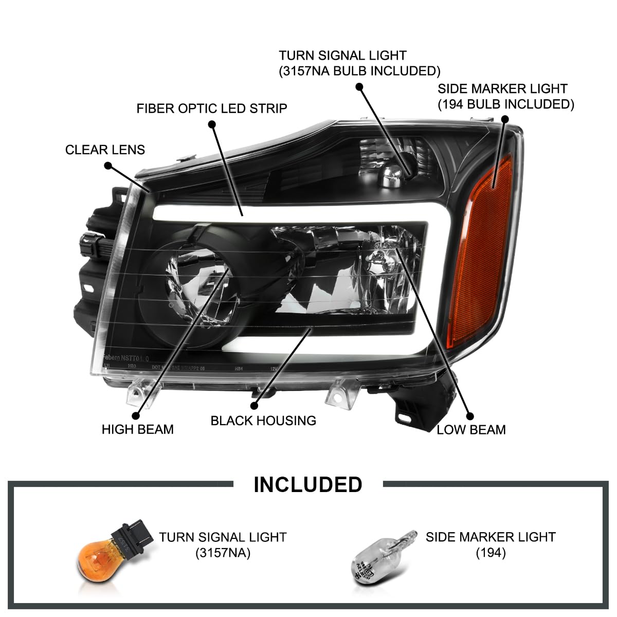 Black SPEC-D TUNING Headlights w/LED Light Bar Compatible with 2004-2015 Nissan Titan, 2004-2007 Armada, Left + Right Pair Headlamp Assembly
