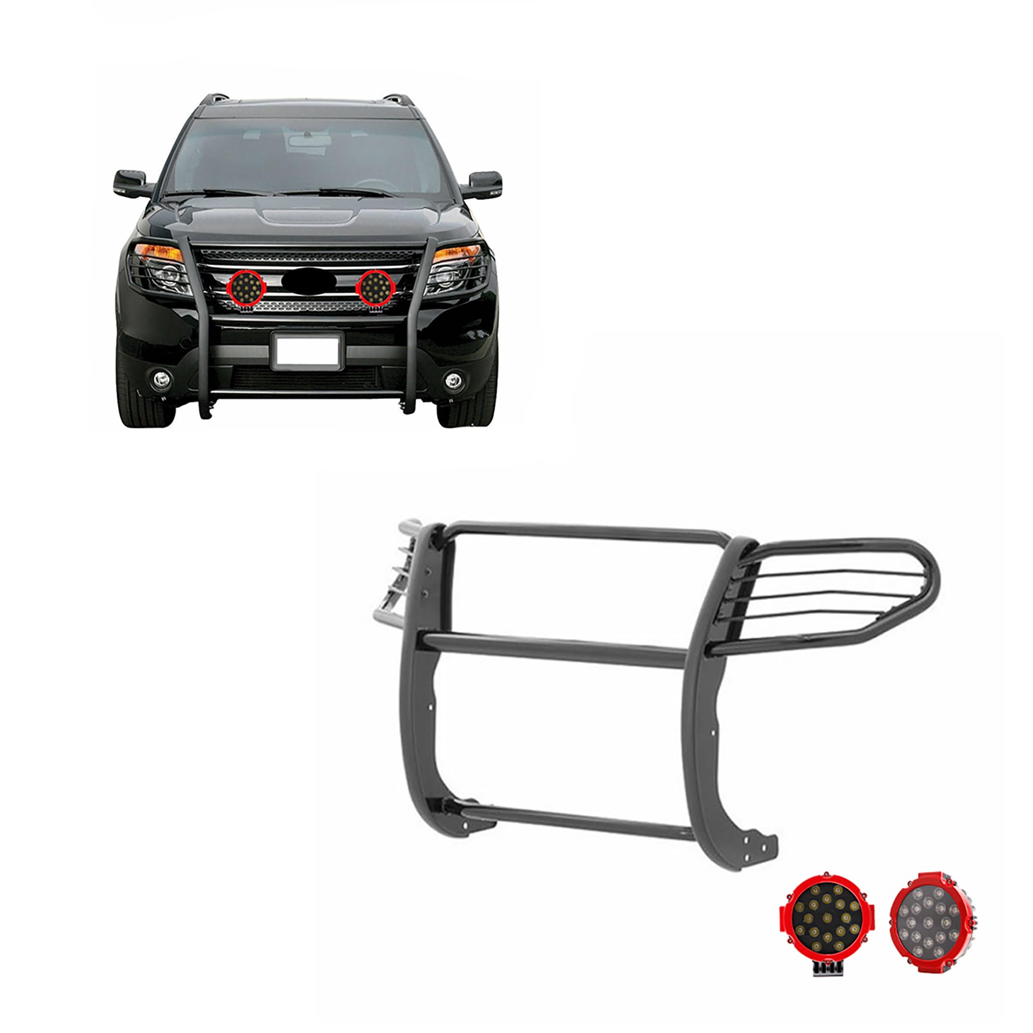 Black Horse Grille Brush Bumper Guard Black Modular Come with Pair of 7.0" Dia.LED Lights with Red Trim Rings Compatible with 2016-2019 Ford Explorer-17FJ30MA-PLR