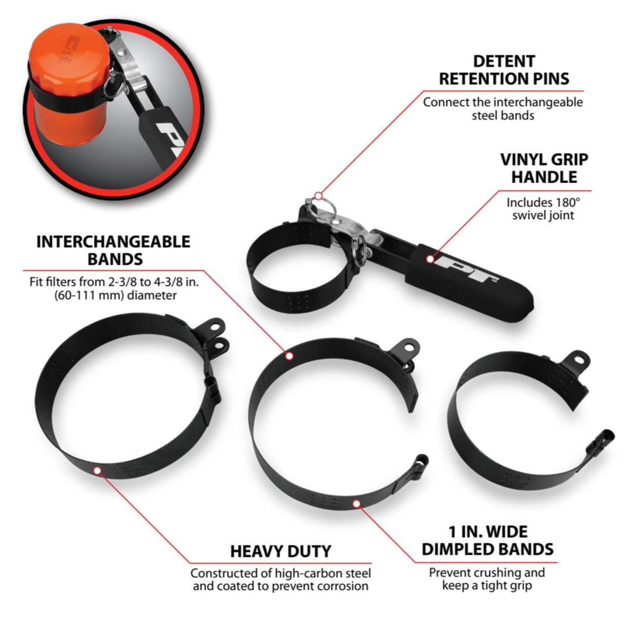 W54132 Performance Tool 4-in-1 Oil Filter Wrench - Swivel Handle, Interchangeable Bands, Dimpled Grip