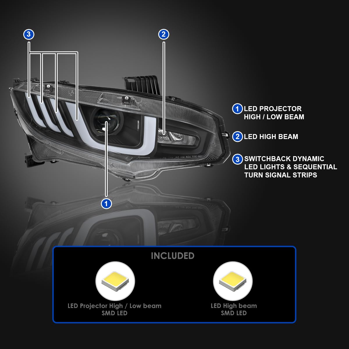 Full LED Projector Headlights SPEC-D TUNING w/Switchback Sequential Signals Compatible with 2016-2021 Honda Civic Models with Factory LED Headlights