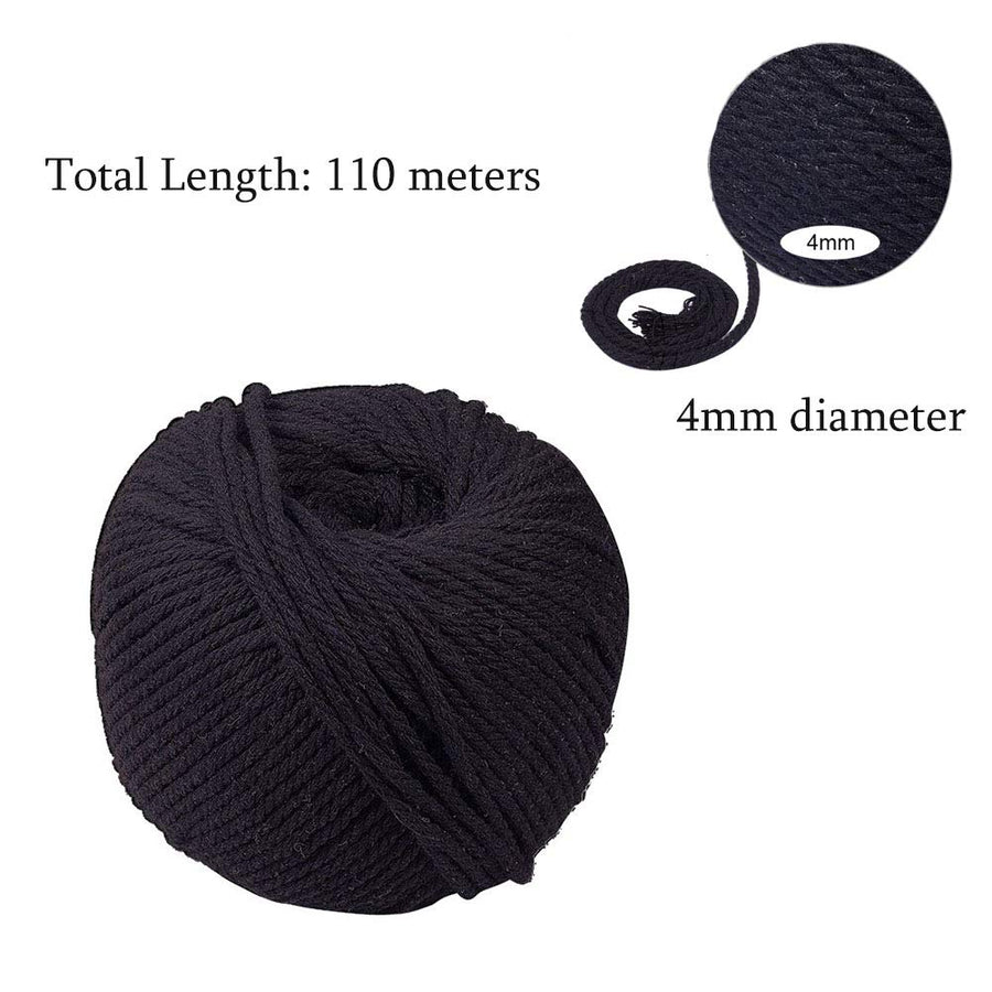 120 Yards JEWELEADER Twisted Natural Cotton Twine 4 Strand Macrame Thread Cord 4mm Soft Knitting Rope Beading String Black for Handmade Decoration Wall Hanging Plant Hanger Crocheting Dream Catcher
