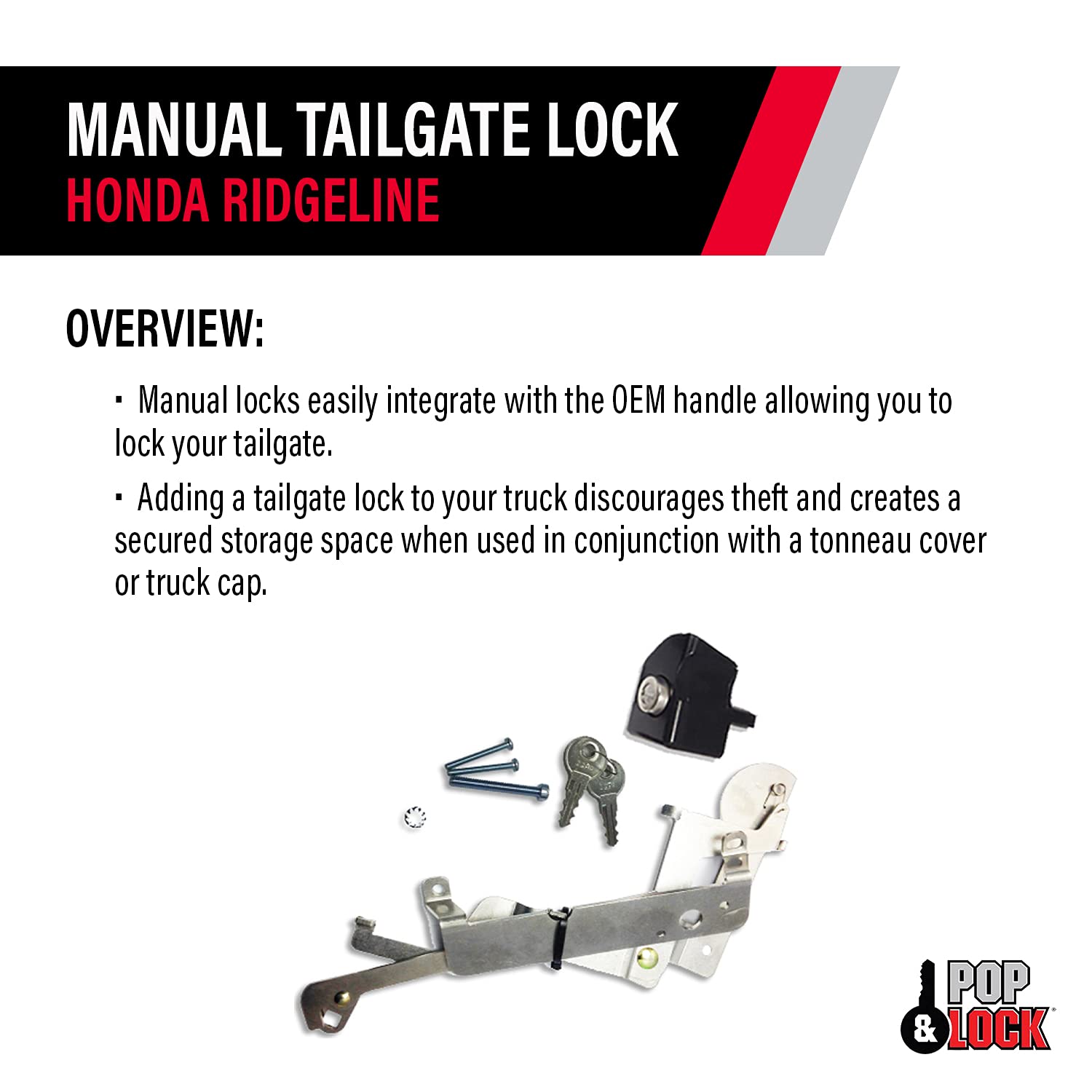 Manual Tailgate Lock Pop & Lock PL6100 Black for Honda Ridgeline (Works with/Without Factory Backup Camera)