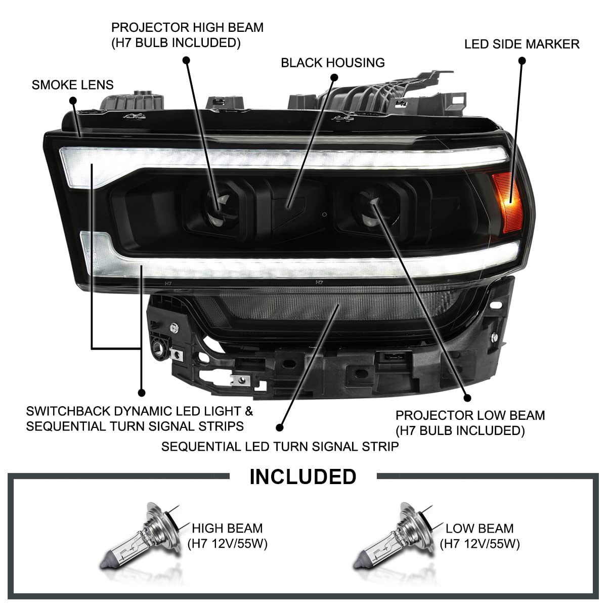 Dual Projector Headlights SPEC-D TUNING Black Smoke w/Sequential LED Turn Signal and Startup Animation Compatible with 2019-2024 Dodge Ram 2500, 3500, 4500, Left + Right Pair Headlamps Assembly