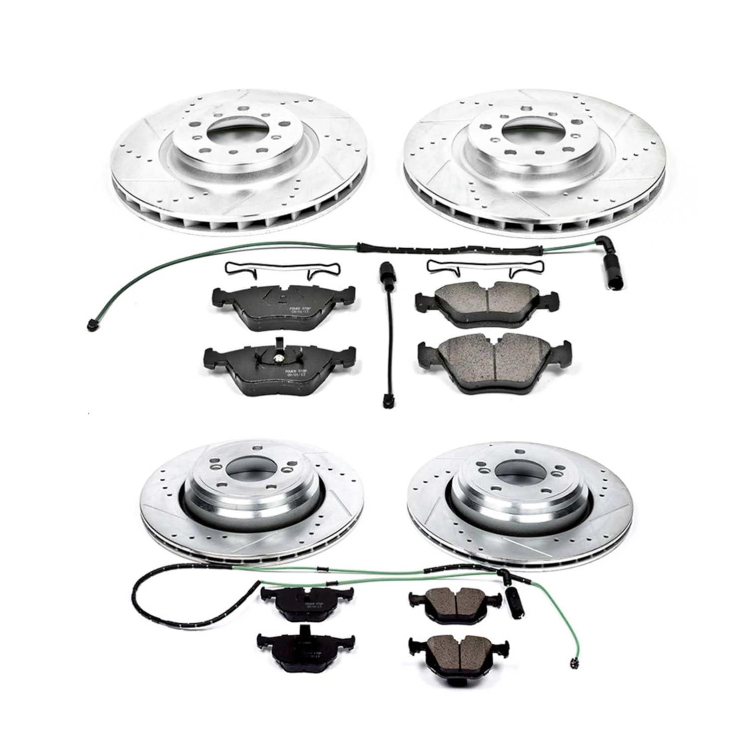 Power Stop K5730 Z23 Carbon Fiber Brake Pads Front and Rear with Drilled & Slotted Brake Rotors Kit and 1 Front & 1 Rear Sensor Wires For BMW M3 2001-2006 [Model Specific]