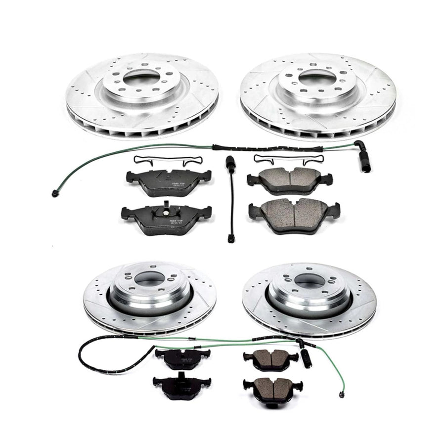 Power Stop K5730 Z23 Carbon Fiber Brake Pads Front and Rear with Drilled & Slotted Brake Rotors Kit and 1 Front & 1 Rear Sensor Wires For BMW M3 2001-2006 [Model Specific]