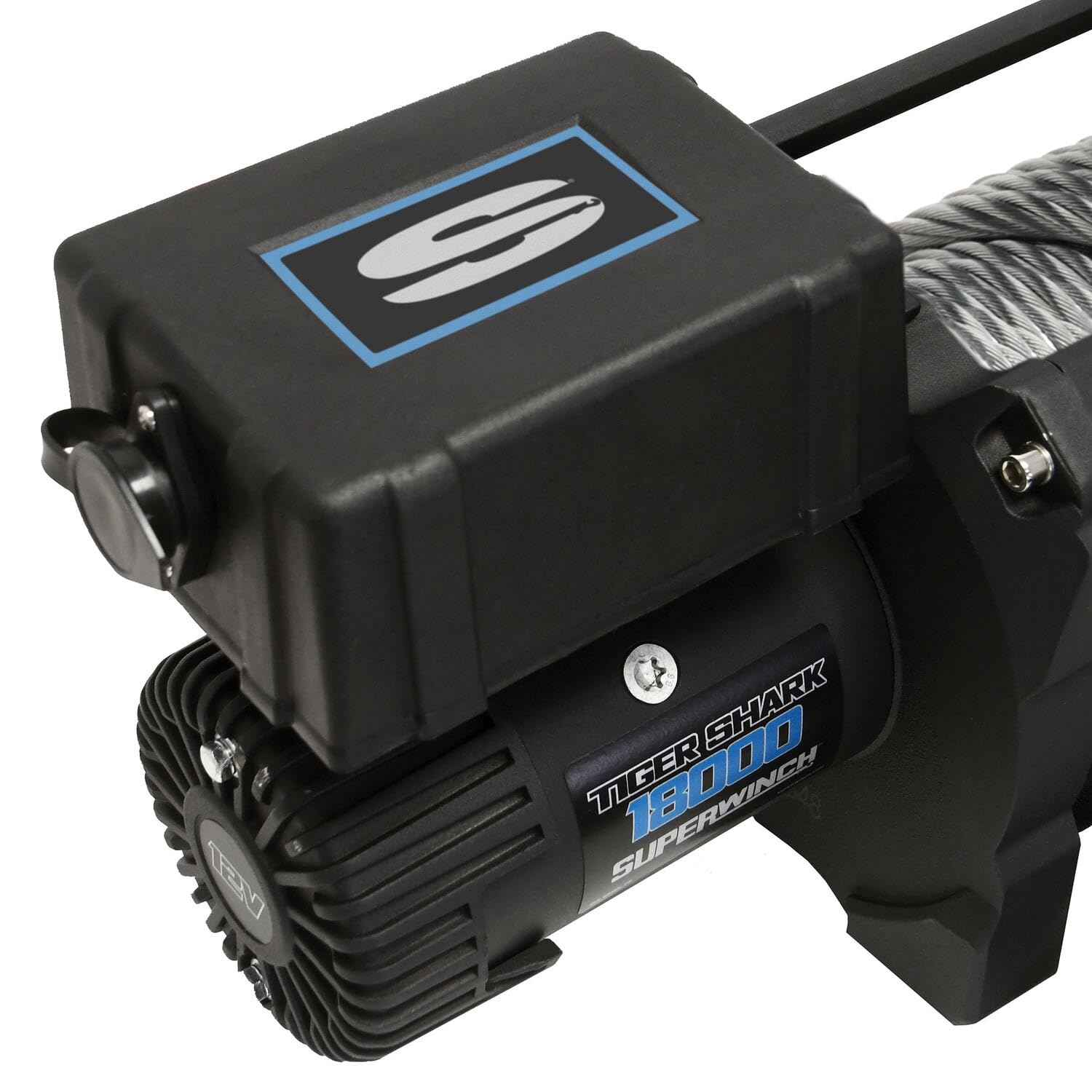 Tiger Shark Superwinch 1518000 18000 12V DC Winch 18,000lb/8165kg Single Line Pull with Roller Fairlead, 29/64" x 80' Steel Wire Rope, Corded Handheld Remote
