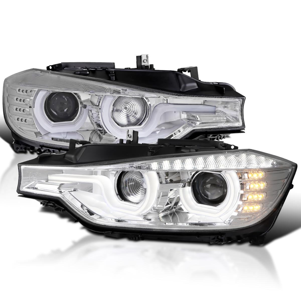 LED U-Halo Projector Headlights SPEC-D TUNING w/LED Strip Compatible with 2012-2015 BMW F30 3-Series Sedan HID Type, Left + Right Pair Headlamps Assembly