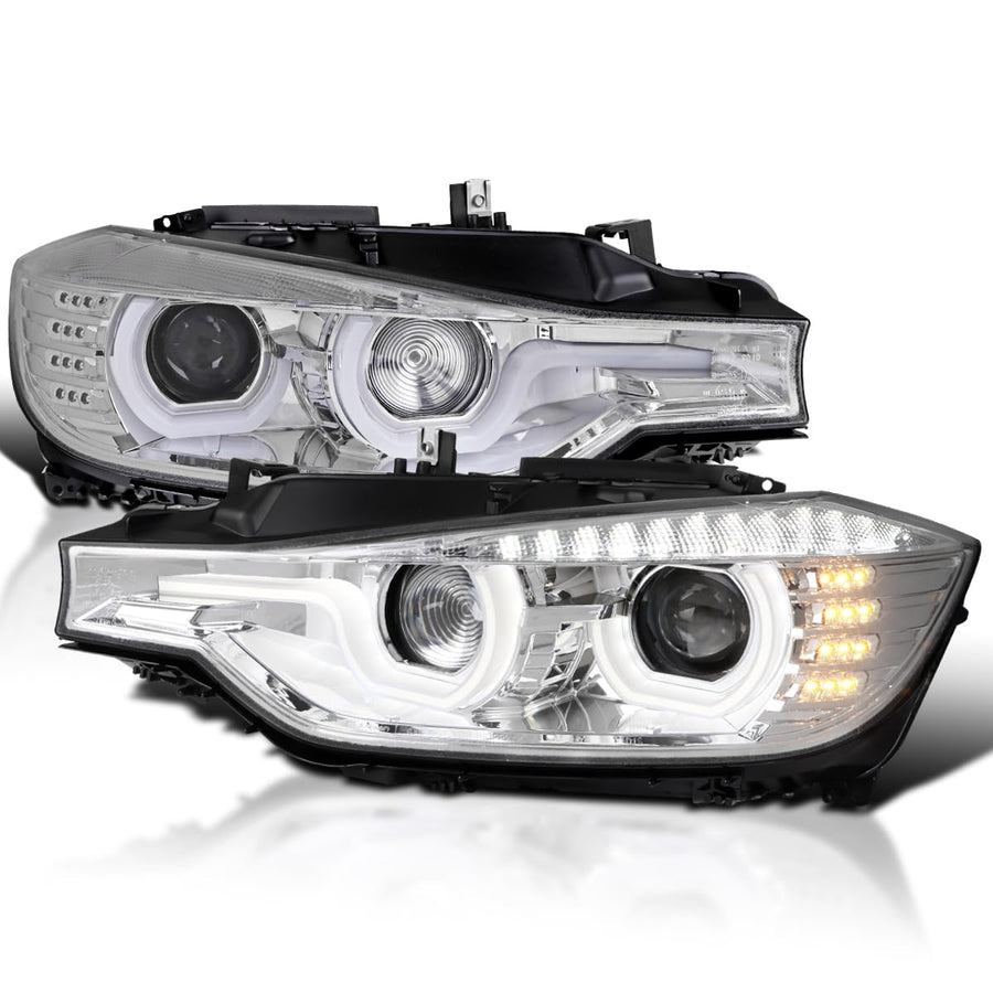 LED U-Halo Projector Headlights SPEC-D TUNING w/LED Strip Compatible with 2012-2015 BMW F30 3-Series Sedan HID Type, Left + Right Pair Headlamps Assembly