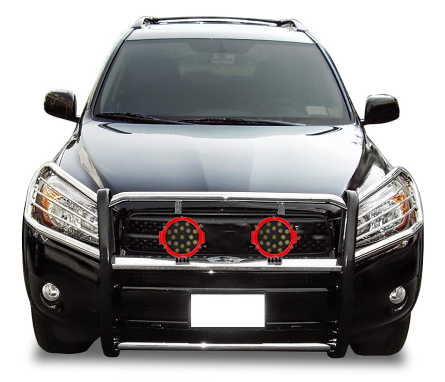 Bumper Guard Black Horse Grille brush Modular Stainless Steel Come With pair of 7.0"Dia.LED Lights with Red Trim Rings Compatible with 2006-2018 Toyota RAV4-17A093902MSS-PLR