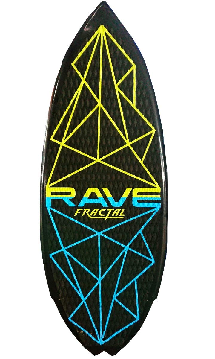 Fractal Wake Surf Board RAVE Sports, 59" x 22", Consistent Weight Distribution and Control, Compressed Molded Fiberglass, Foam Core, Kicktail Design, 3 Fins, Textured EVA Pad, Max Weight 250 lbs