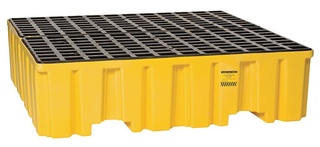 High Capacity Eagle 4 Drum Spill Containment Pallet with Forklift Pockets, 52.5"x51"x13.75", 132 Gallon Sump, 8,000 lbs. Load Capacity Secondary Containment Pallet, Made in USA, Yellow, 1640ND