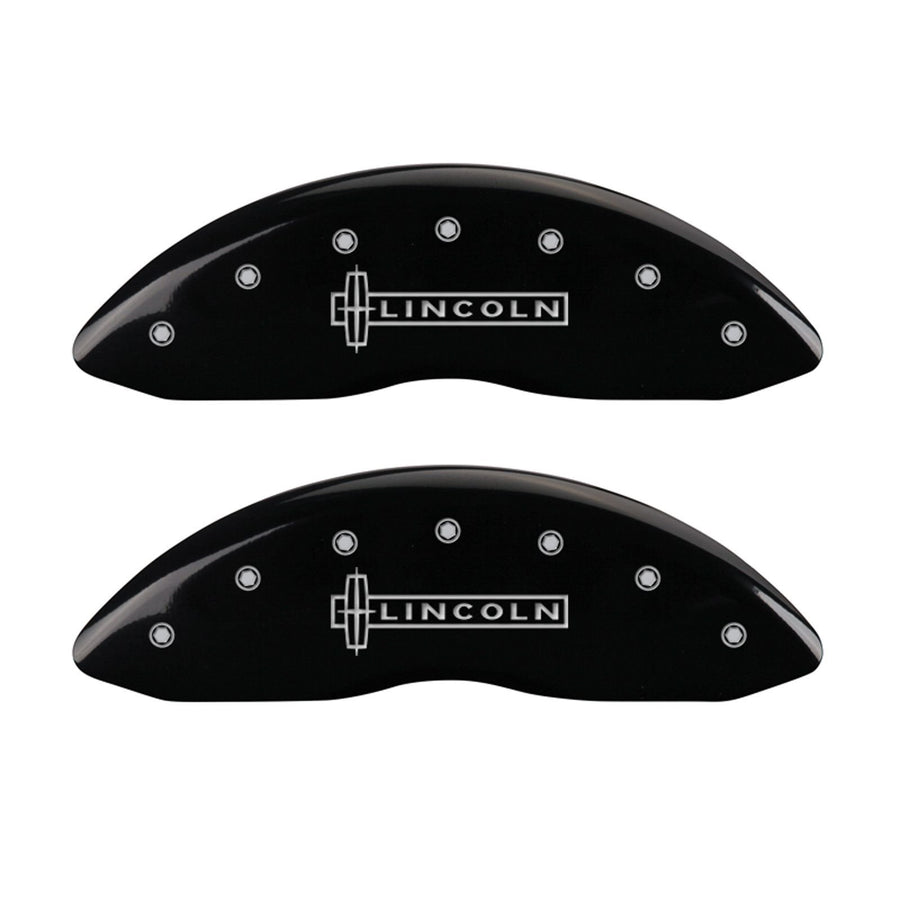MGP 36012SLCNBK Caliper Covers Black Powder Coat Finish Front and Rear Caliper Cover, Set of 4 (Lincoln Silver Characters, Engraved)