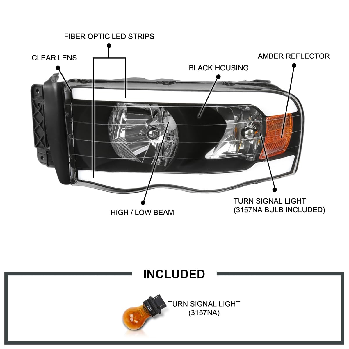 Black LED Tube Headlights SPEC-D TUNING Compatible with 2002-2005 Dodge Ram 1500, 2003-2005 Ram 2500/3500, Left + Right Pair Headlamps Assembly