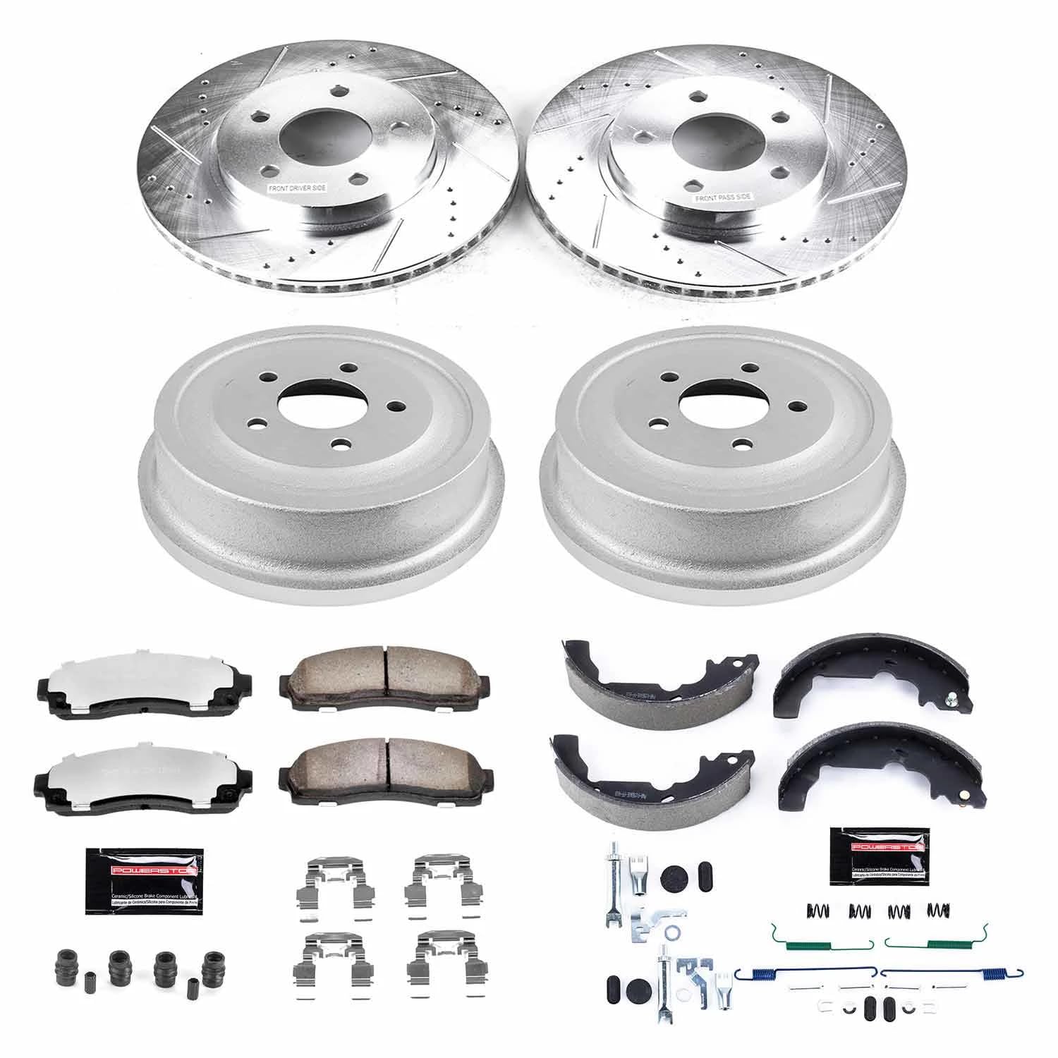 Power Stop Brake Kit Front and Rear For 2002 2003 2004 2005 2006 2007 Saturn Vue - Truck & Tow Carbon Fiber Ceramic Pads, Drums, & Drilled and Slotted Rotors Replacement, K15219DK-36