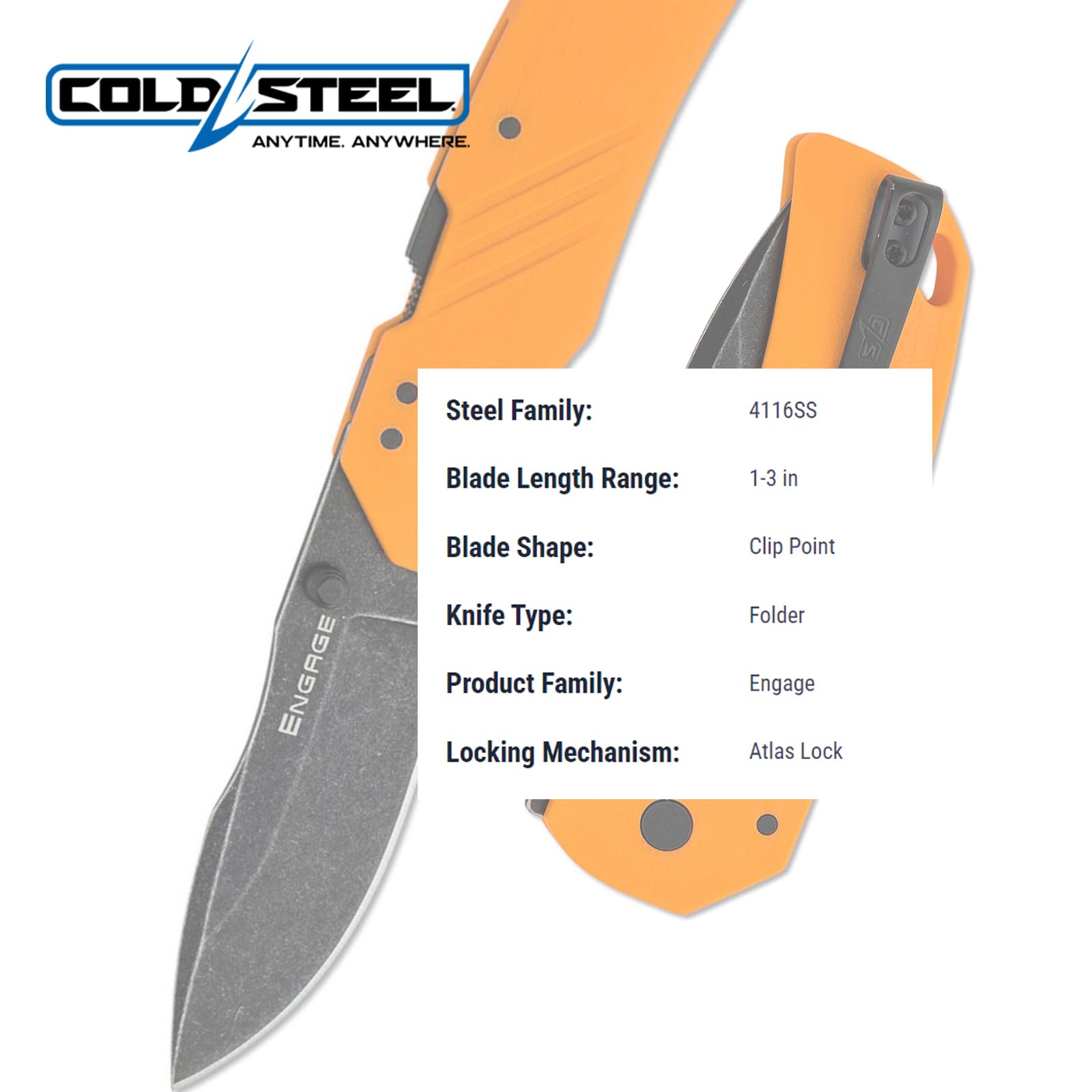 3" COLD STEEL Engage 4116SS Razor-Sharp Clip Point Blade 4.25" GFN Handle Everyday Carry Tactical Folding Knife with Atlas Lock
