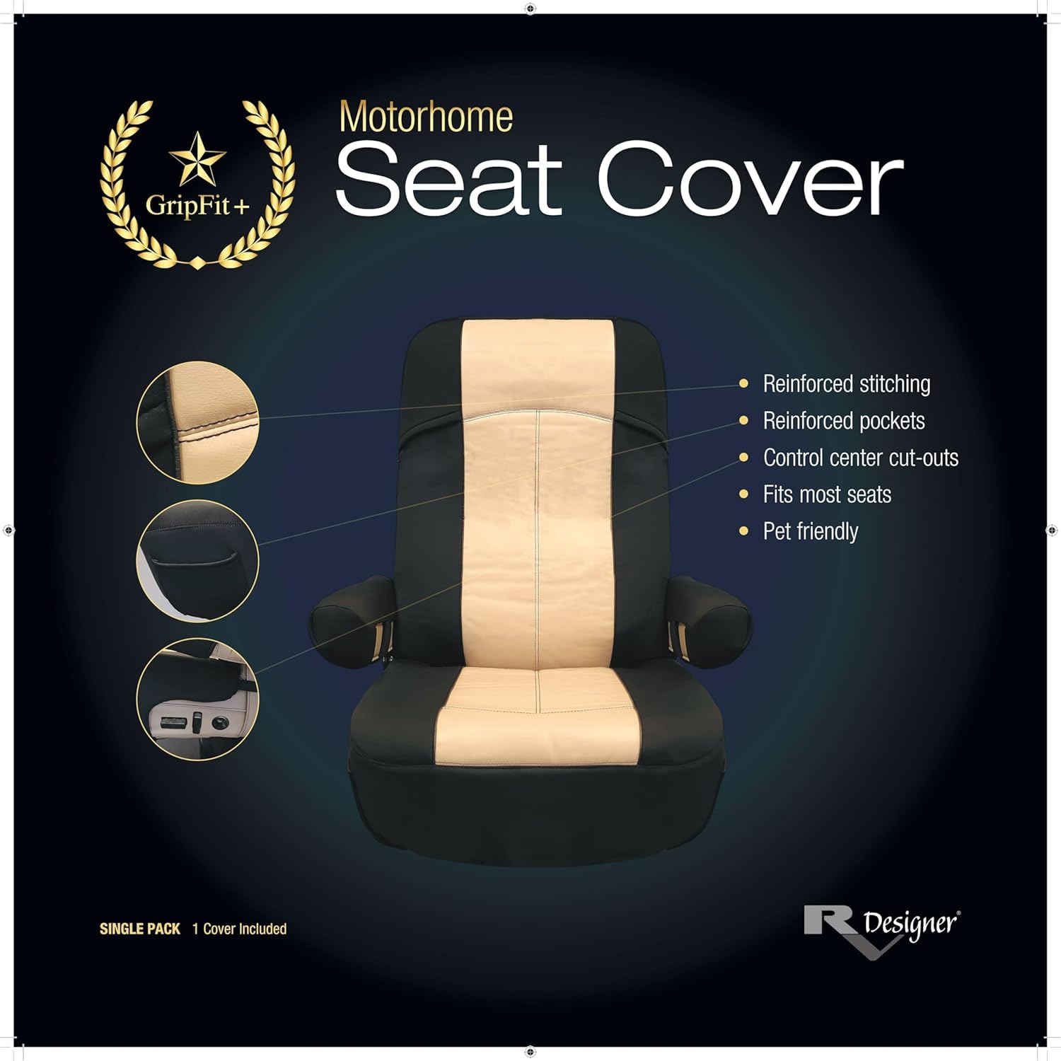 RV Designer Motorhome GripFit+ Seat Covers 1-Pack C893 - Premium 100% PVC Leatherette –Class-A RV - Pet-Friendly, Easy-to-Clean, Durable, Fire Retardant - Side Pockets – Black and Tan