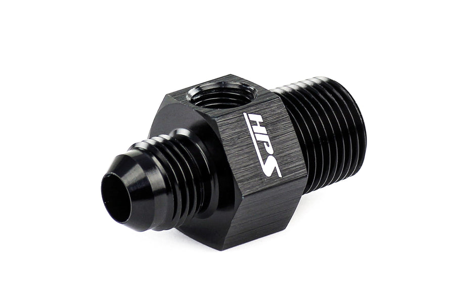 HPS AN194-06-08 Adapter Fitting AN to NPT, Male to NPT Male with 1/8" NPT Female Port, Aluminum, Size: AN-6 to 3/8 NPT, Angle: Tee, Black