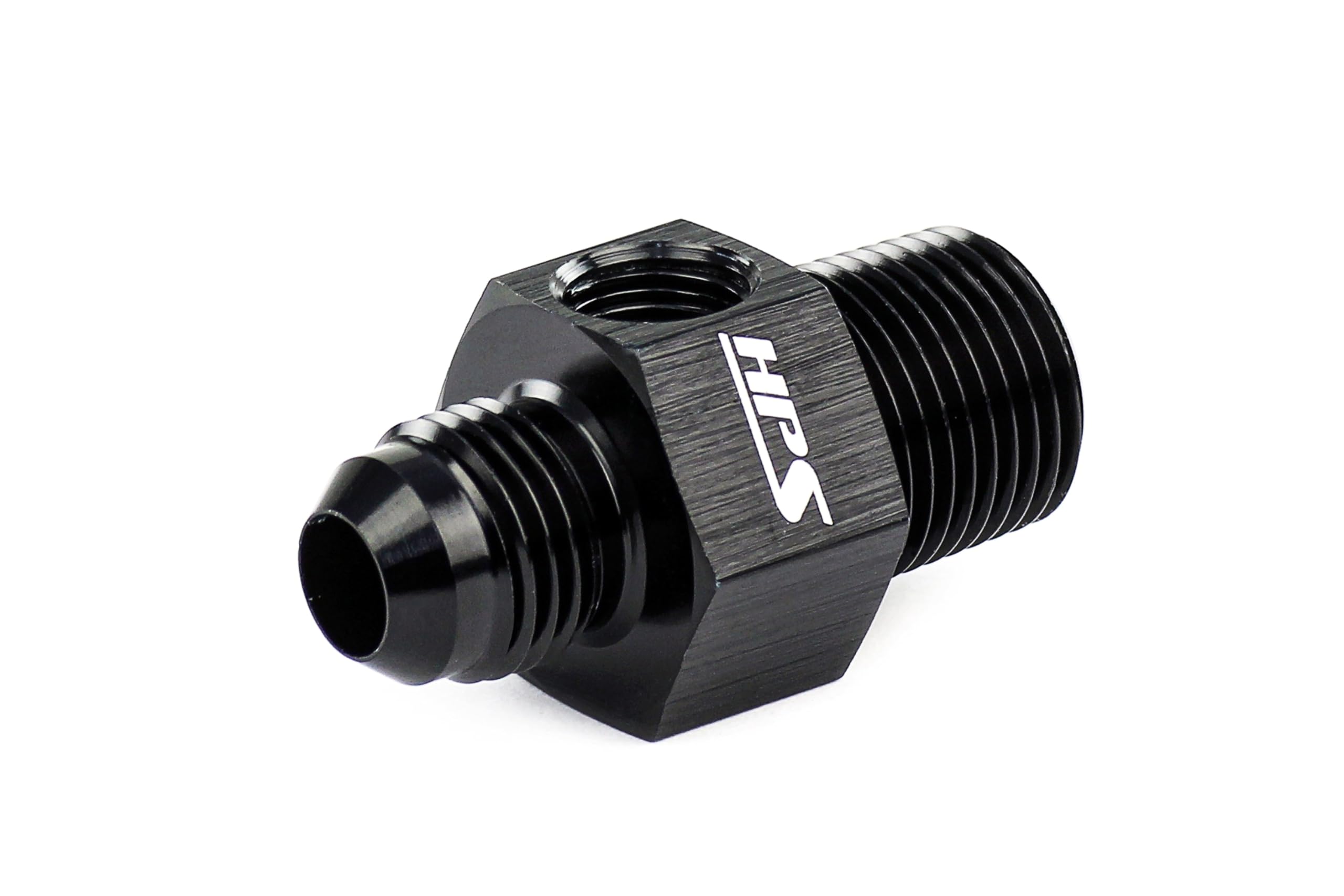 HPS AN194-08-06 Adapter Fitting AN to NPT, Male to NPT Male with 1/8" NPT Female Port, Aluminum, Size: AN-8 to 3/8 NPT, Angle: Tee, Black