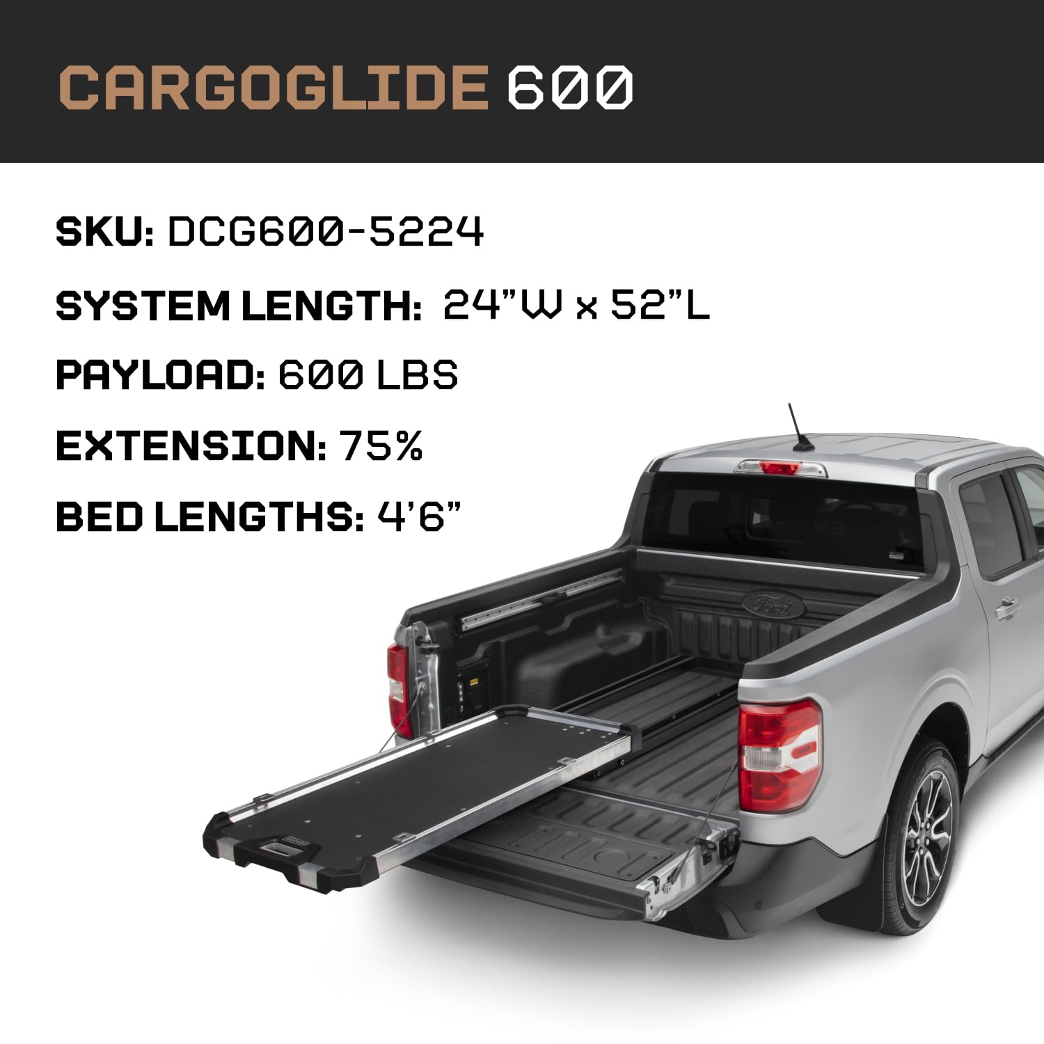 Truck Bed Slide CargoGlide – 1500 lb Capacity, 75% Extension – Heavy-Duty Pickup Cargo Slide for Easy Bed Access – Compatible with CargoGlide 600/75% / 24" W / 52" L for Maverick