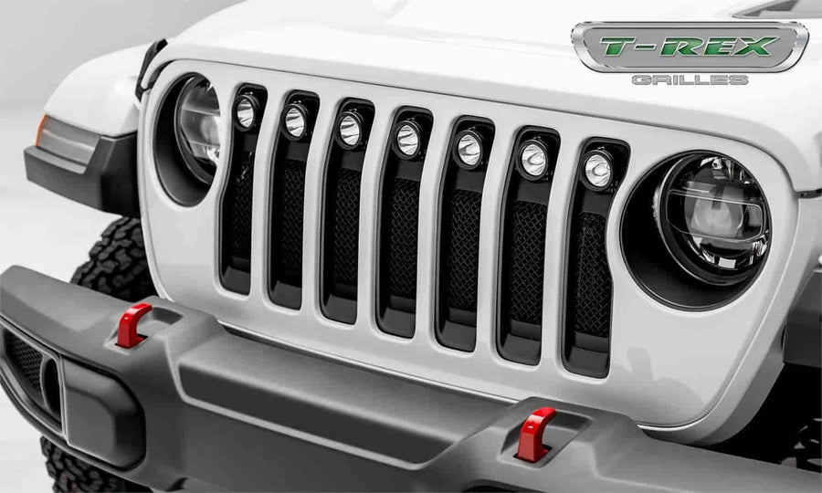 Jeep Gladiator T-Rex Grilles, JL Torch Grille, Black, 1 Pc, Insert with (7) 2 Inch LED Round Lights, Does Not Fit Vehicles with Camera - PN #6314941