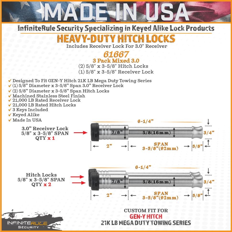 3 Pack Mixed 3.0, Keyed Alike, Hitch Locks for Mega Duty Gen-Y 21K LB Series - Includes Lock for 3.0" Receiver