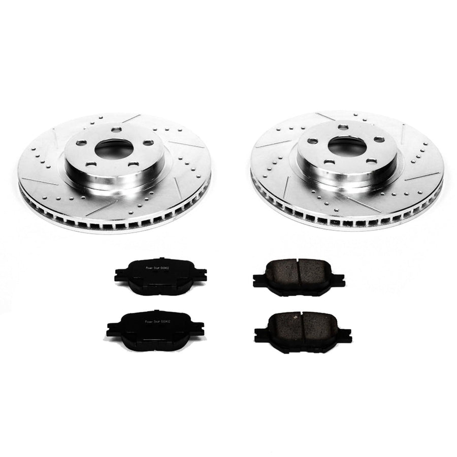 Power Stop K2313 Z23 Carbon Fiber Brake Pads Front with Drilled & Slotted Brake Rotors Kit For Scion tC 2005-2010, Toyota Celica 2000-2005 [Model Specific]