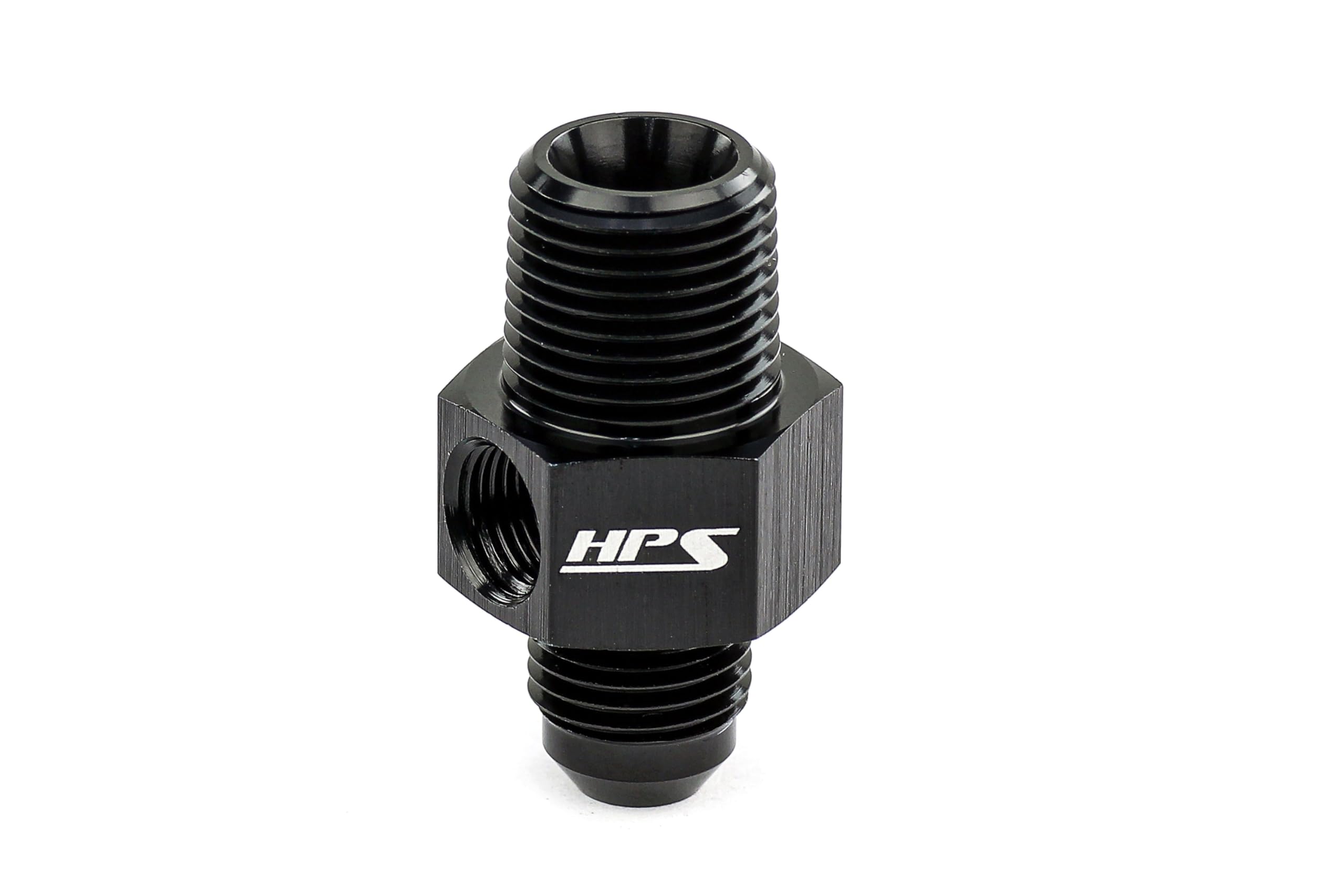 HPS AN194-06-08 Adapter Fitting AN to NPT, Male to NPT Male with 1/8" NPT Female Port, Aluminum, Size: AN-6 to 3/8 NPT, Angle: Tee, Black