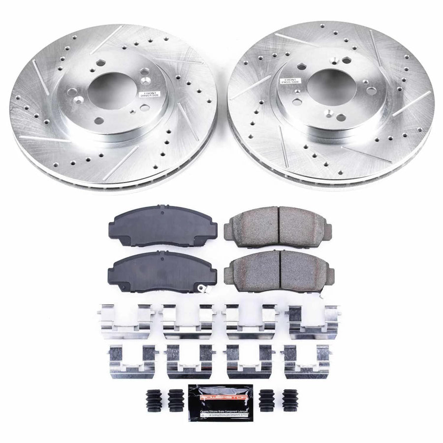 Power Stop K2309 Z23 Carbon Fiber Brake Pads Front with Drilled & Slotted Brake Rotors Kit For Acura RL 1999-2004 [Model Specific]