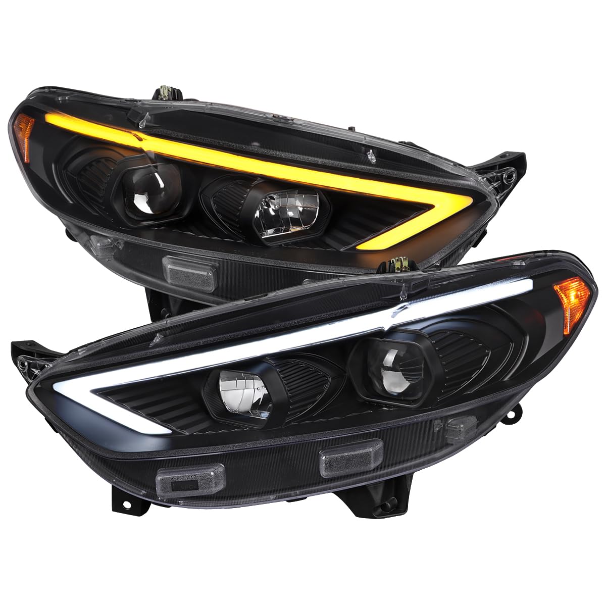 Black SPEC-D TUNING Projector Headlights w/Sequential Switchback LED Tube Signal Compatible with 2013-2016 Ford Fusion, Left + Right Pair Headlamp Assembly