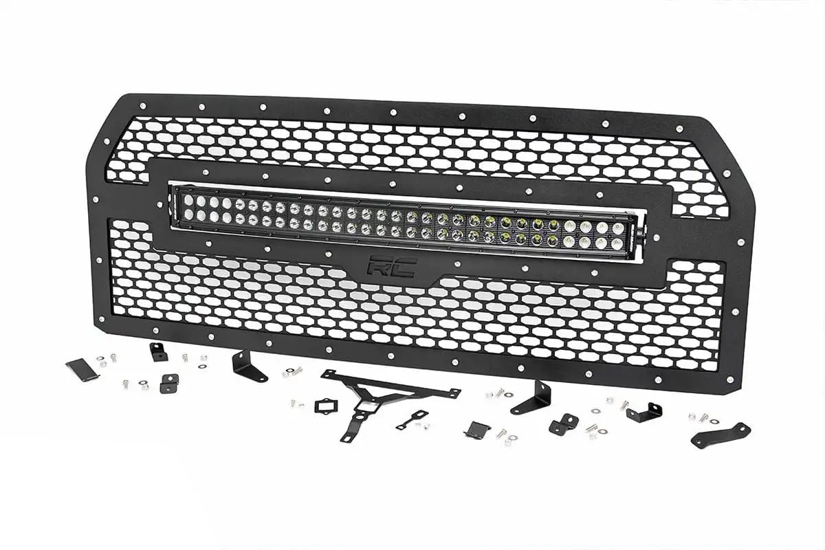 30" Rough Country Curved Dual Row LED Light Bar with Mesh Grille Mount Kit 30" for Ford F-250/F-350 Super Duty (2011-2016) - 30-in Black Series 300w LED Bar, Amber DRL