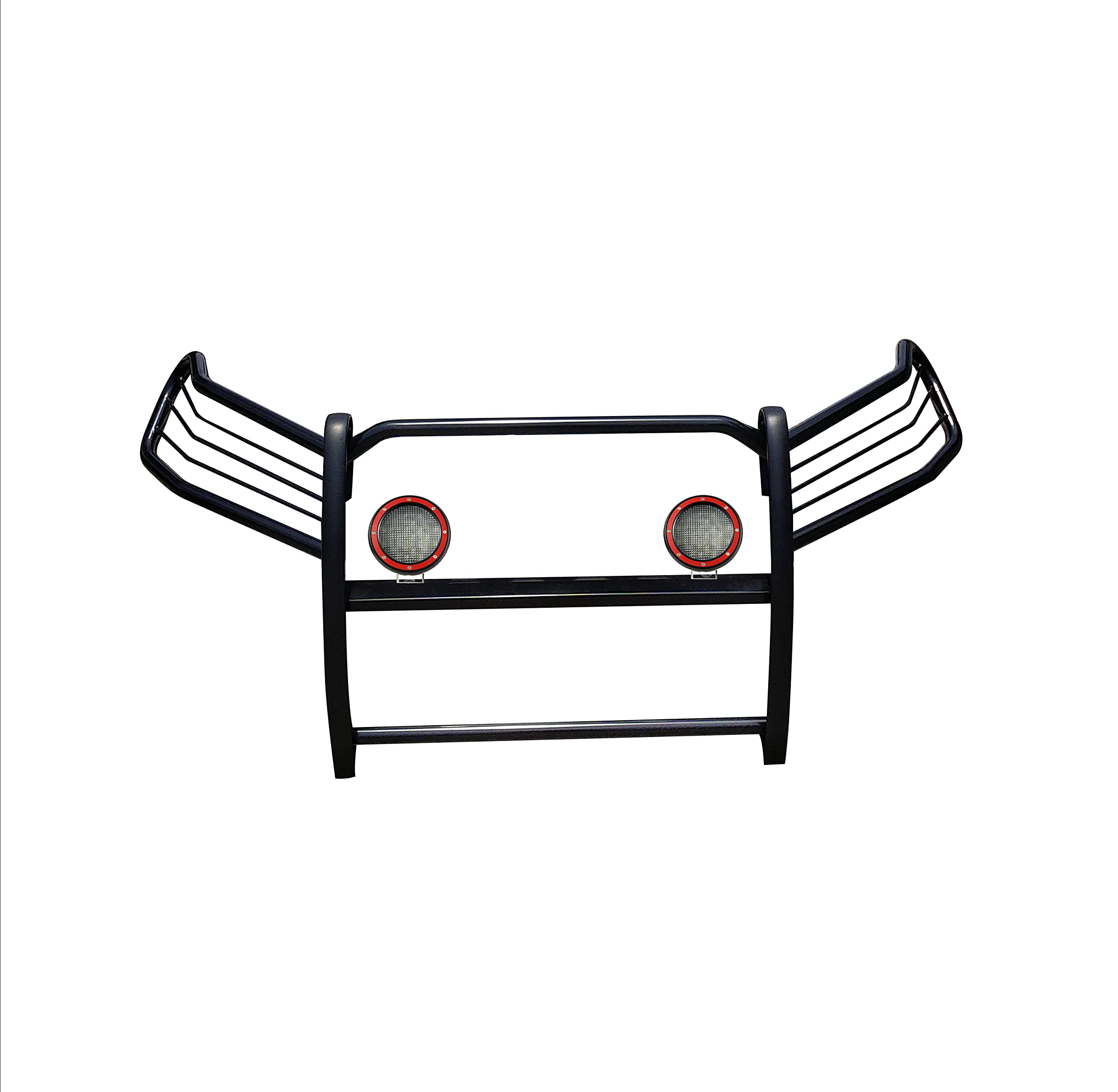 Bumper Guard Black Horse Grille Brush Modular Black Come with Pair of 5.3" Dia.LED Lights with Red Trim Rings Compatible with 2019-2024 Toyota RAV4-17A093904MA-PLFR