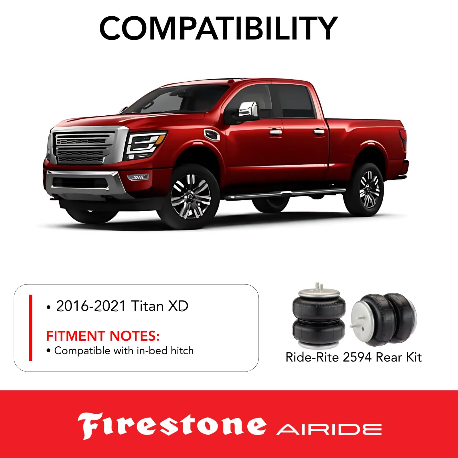 Firestone 2594 Ride-Rite Rear Air Springs Kit fits 2016-2021 Titan XD | 5-100 PSI | Load Capacity of 5,000 Pounds | No Drill Installation | Levels Headlight Beams