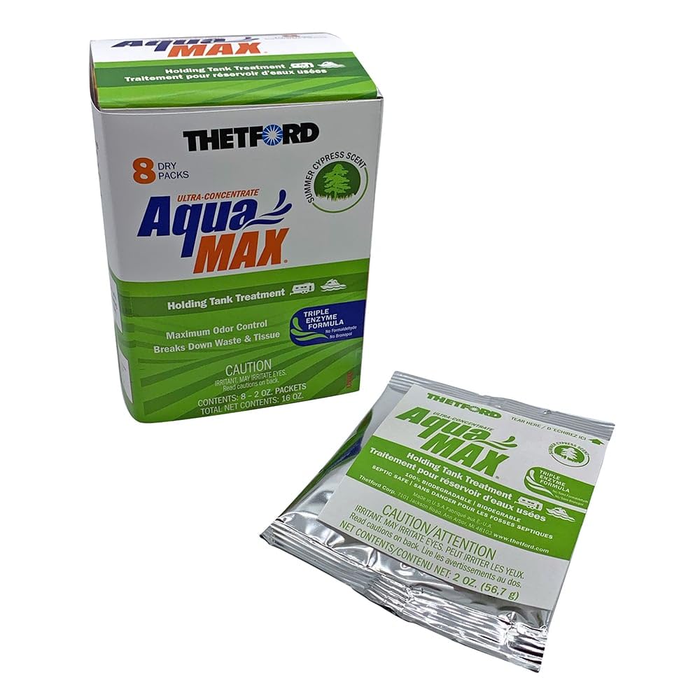 Thetford AquaMAX RV Holding Tank Treatment Summer Cypress Scent, Formaldehyde Free, Waste Digester, Septic Tank Safe, 8 Count Dripack (96674)