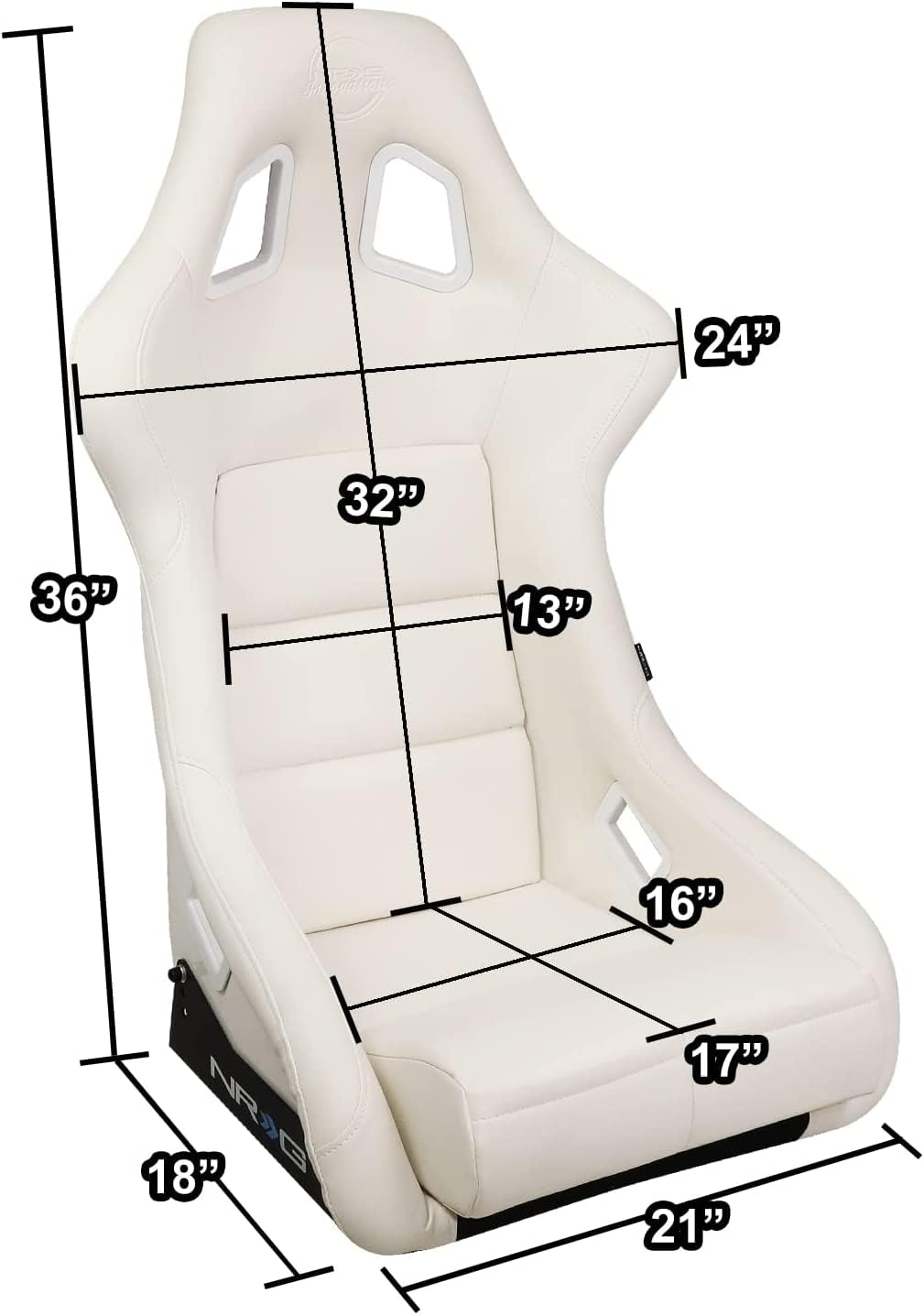 NRG Innovations Universal Vinyl Fixed Back Bucket Racing Seat FRP-302WT-V with Bottom Mount Bracket(Large), White Seat Cover, 21"W X 18" D X 36" H