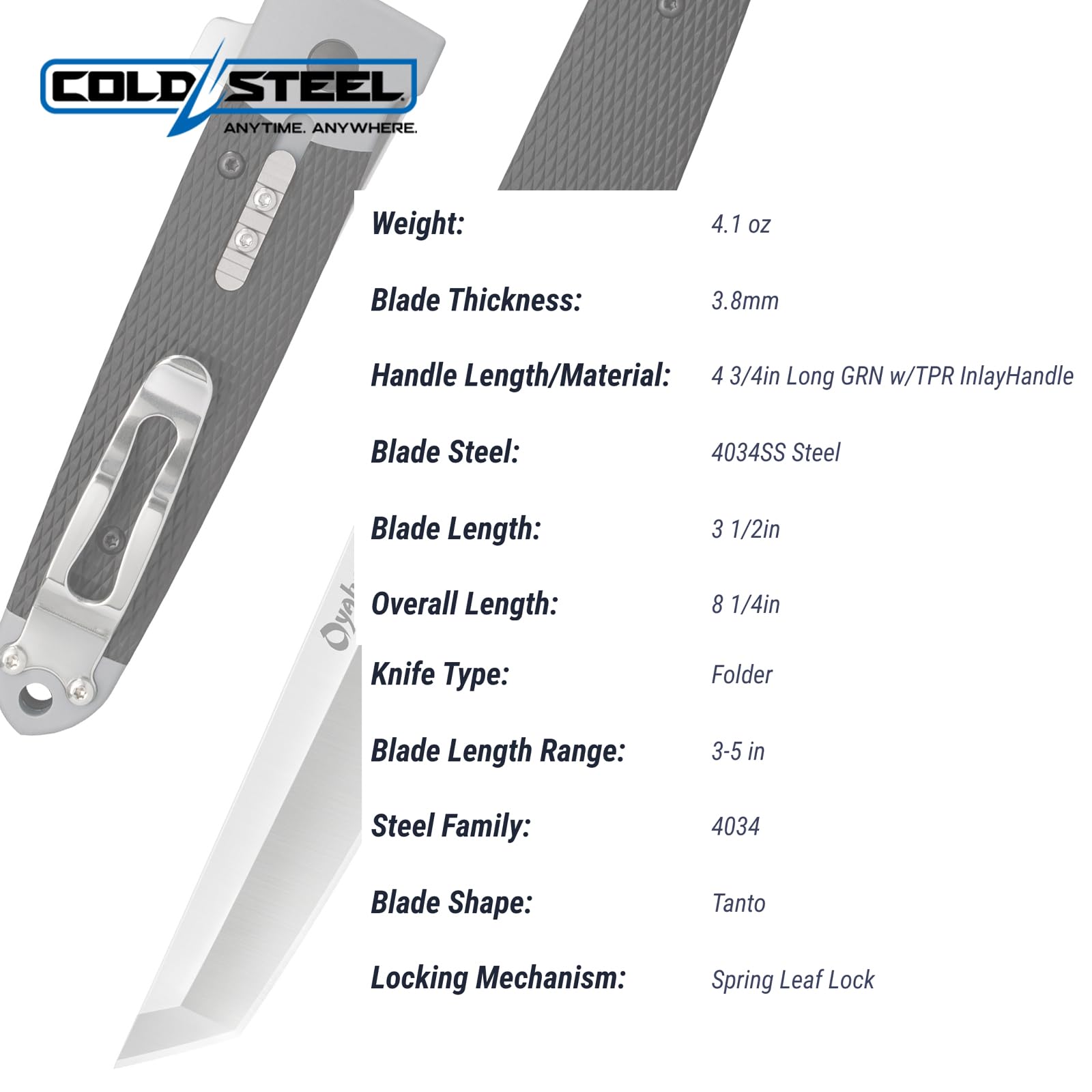 Cold Steel 3.5" Oyabun Tanto Point Razor-Sharp Blade 4.75" Griv-Ex Handle Everyday Carry Pocket Folding Knife w/Spring Leaf Lock