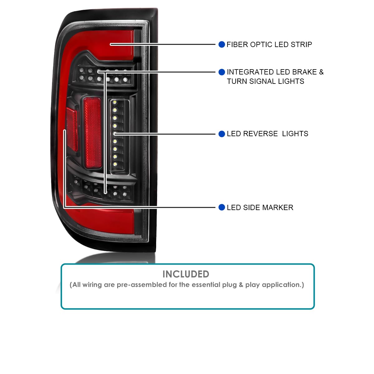 Full LED Tail Lights SPEC-D TUNING w/Red LED Light Bar Compatible with 2019-2023 Ram 1500, Left + Right Pair Assembly