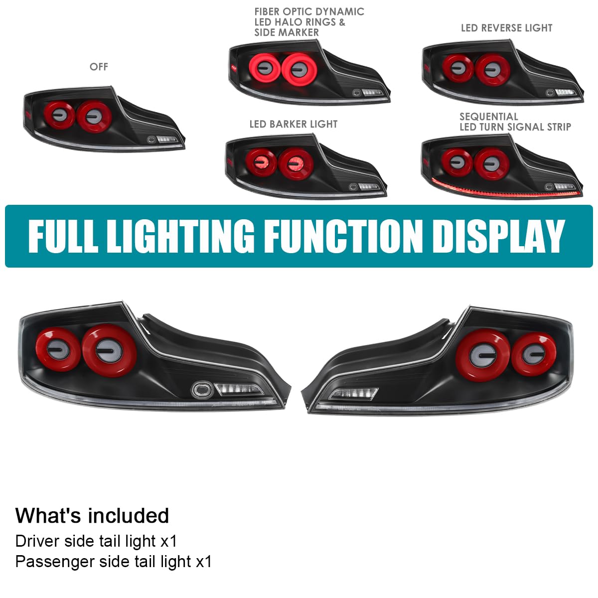 Full LED Tail Lights SPEC-D TUNING w/Red Fiber Optic Halo Ring, Sequential Turn Signal, and Startup Animation Compatible with 2003-2007 Infiniti G35, Left + Right Pair Assembly