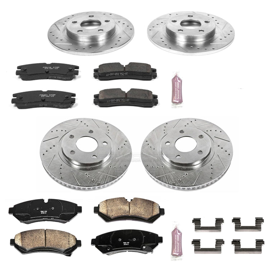 Power Stop K1550 Z23 Carbon Fiber Brake Pads Front and Rear with Drilled & Slotted Brake Rotors Kit For Cadillac Seville 1998-2002 [Model Specific]